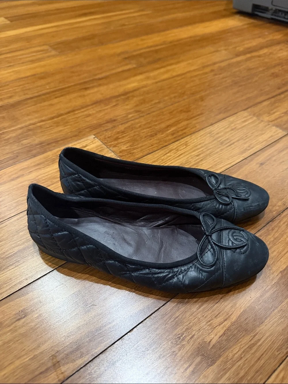 Chanel Size 37.5 Black Aged Calfskin Ballerina Flats